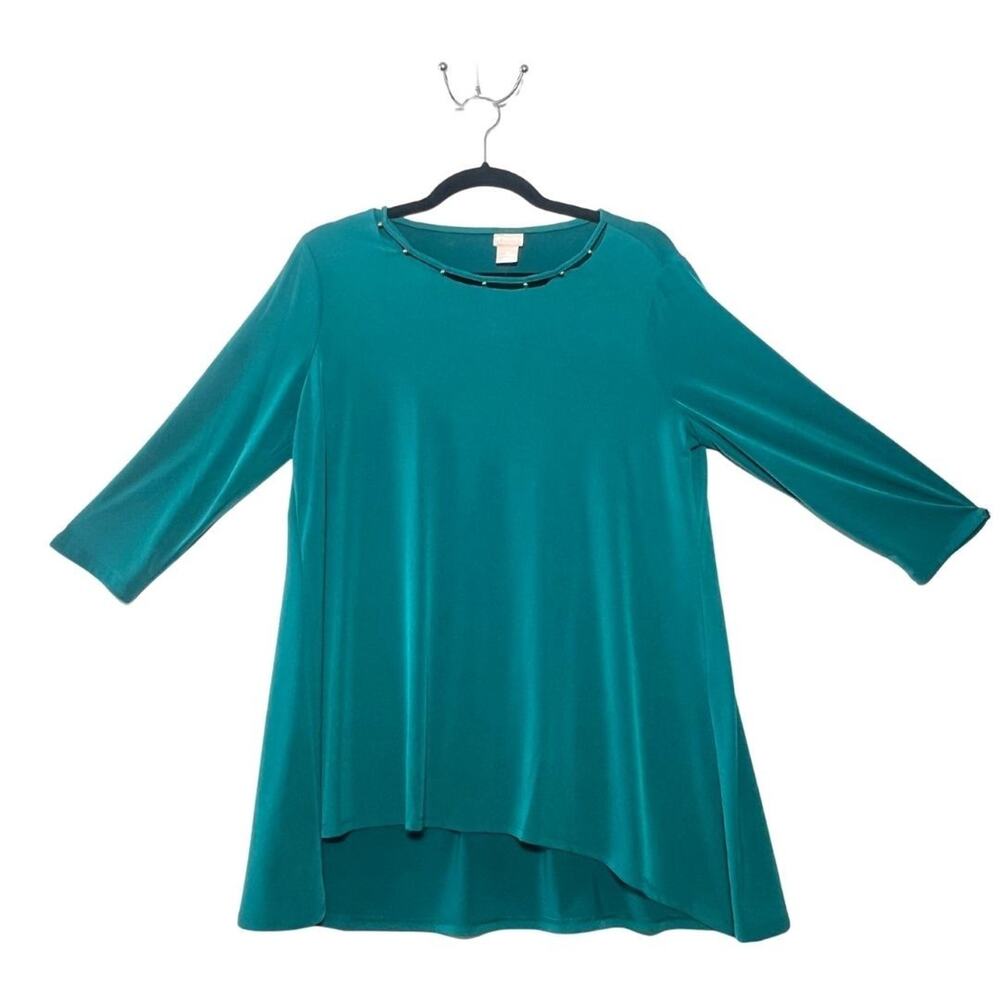 Teal Round Neck Cut Out Beaded Stud Detail Pull-Over Blouse sz 1P Chico's NWT